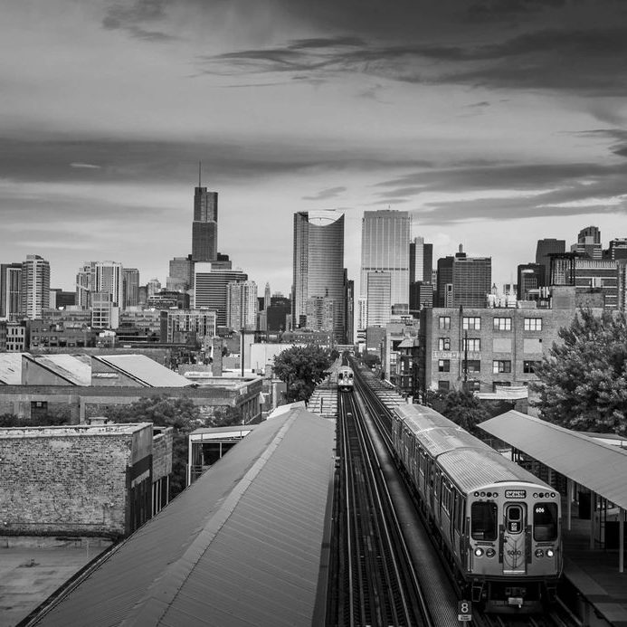 Chicago Skyline from the west side with the train